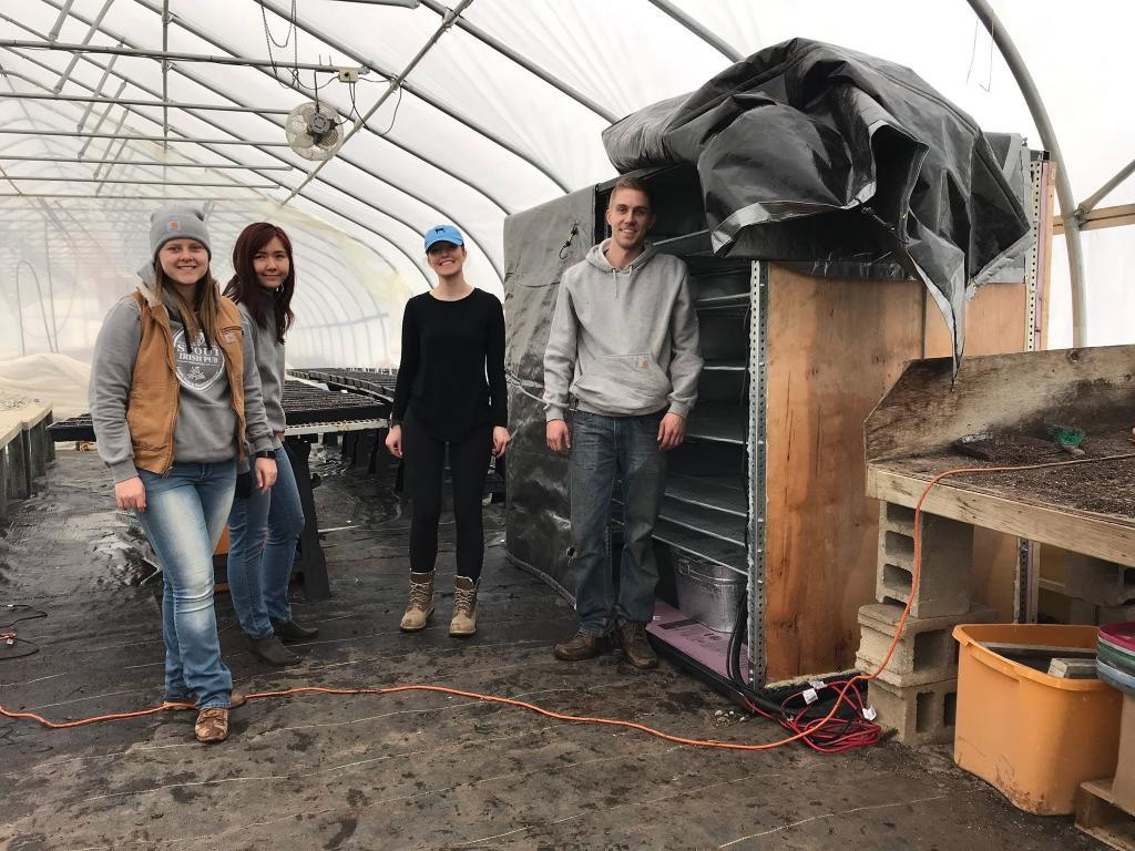 Biosystems Engineering students stand near the low-tech, high efficiency germination chamber they designed for the farm.