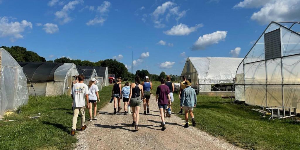 Group of students walking through the farm
